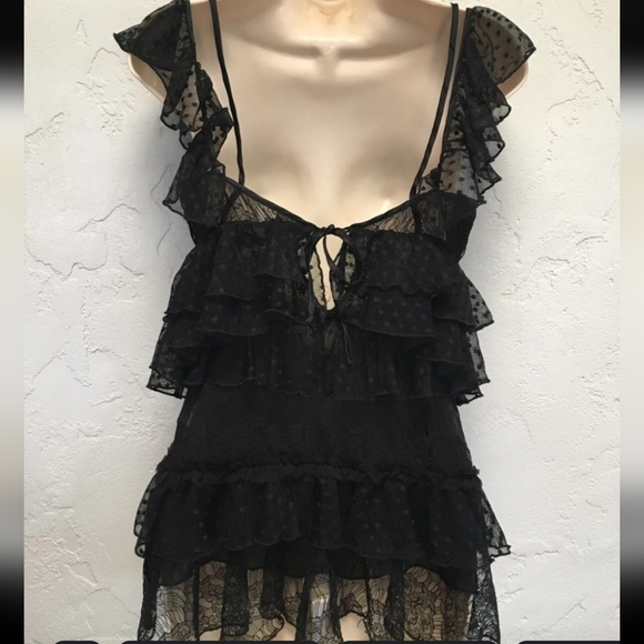 Amen Couture Black Polka Dot Tiered Mesh Lace Blouse - Picture 2 of 15